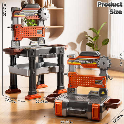 DULONIME 2 in 1 Workbench Tools Toys Set with Sound for Toddlers Aged 3-5, 145 PCS Educational Construction Mechanic Toolbox for Boys Girls, Pretend Play Toys Birthday Gift for Kids 3 4 5 6 Years Old