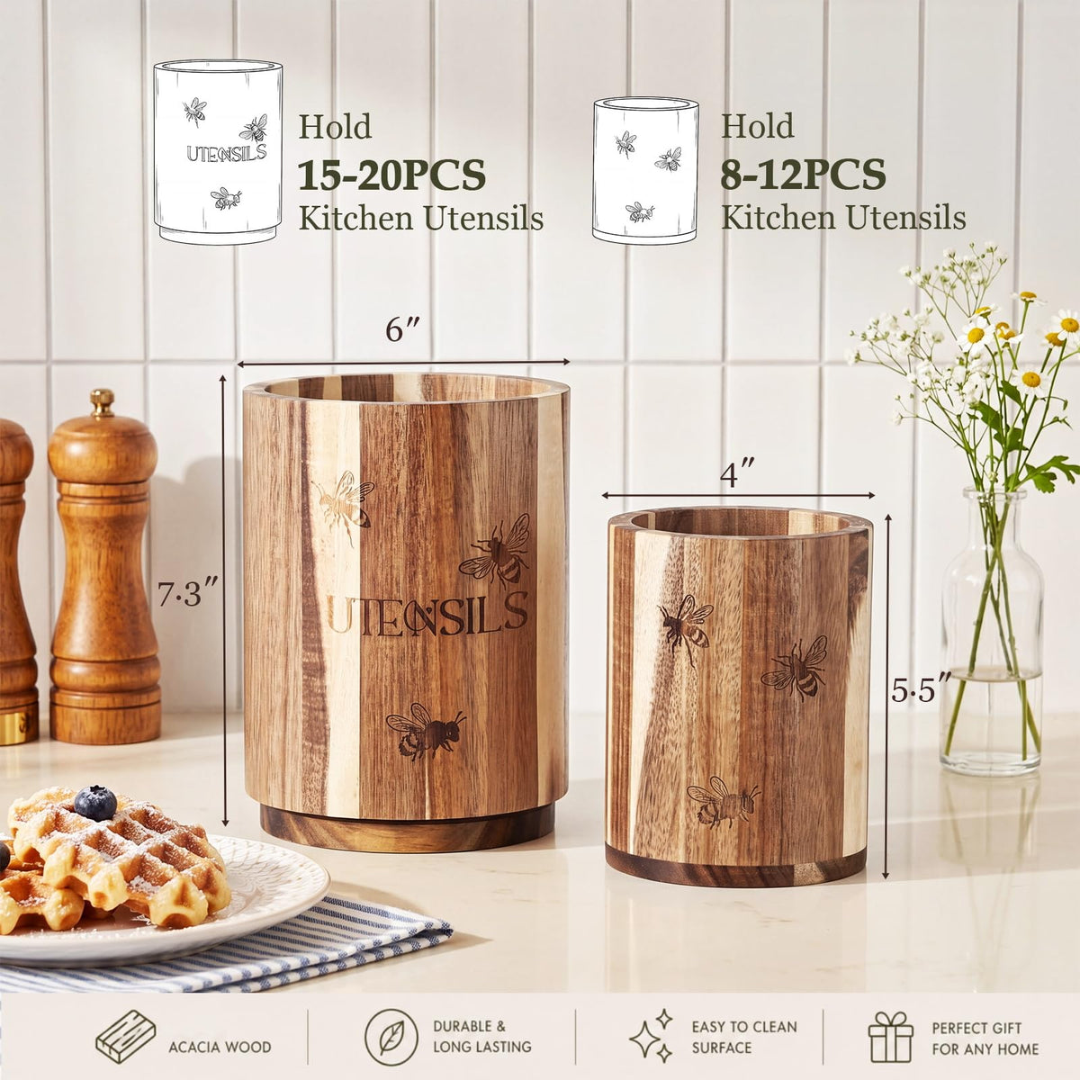 Hushee 2 Pack Acacia Wood Utensil Holder for Kitchen Counter, 360° Rotating 7.3inch Large Wooden Cooking Utensil Crock and 5.5 Inch Small Kitchen Tool Organizer for Countertop, Farmhouse Modern Decor