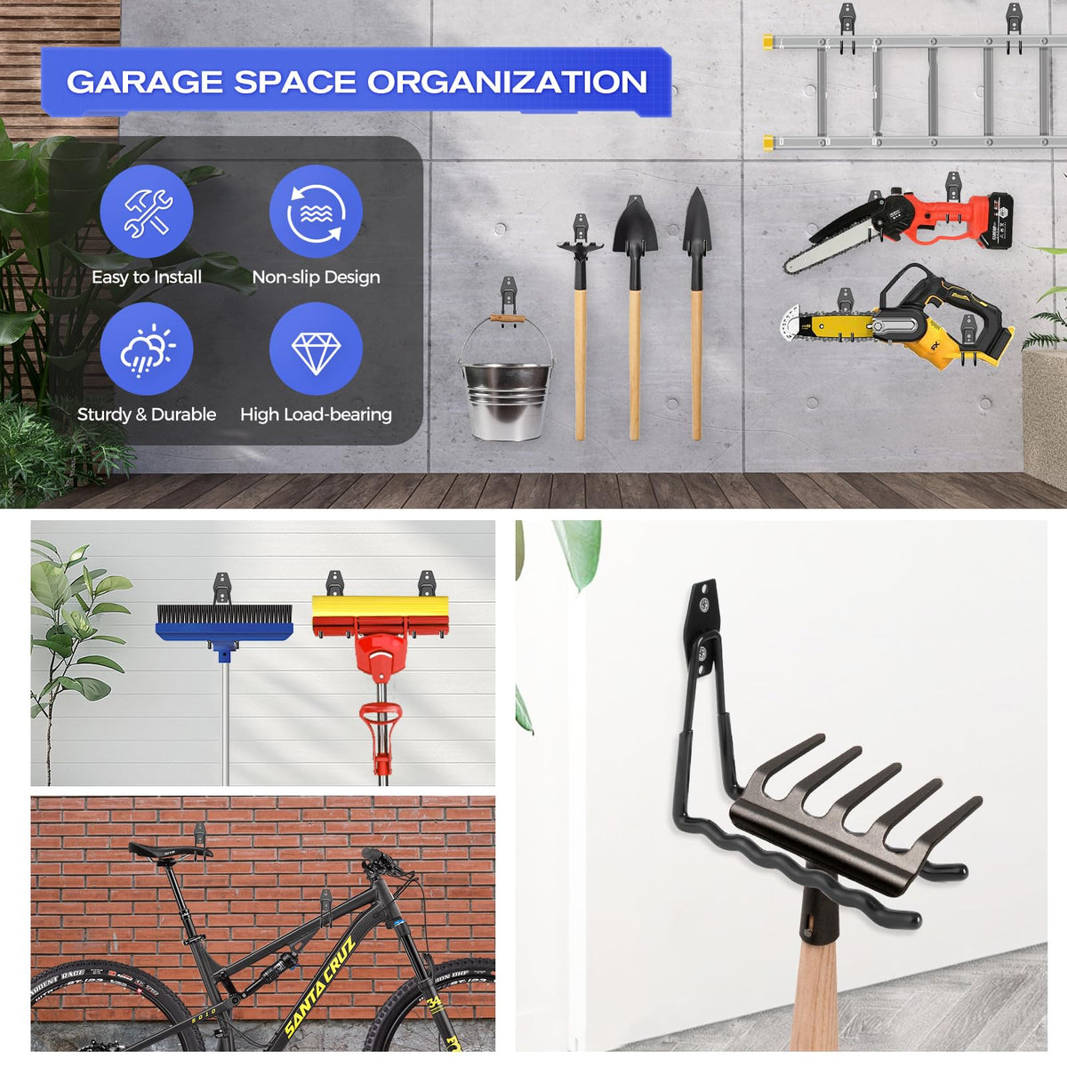 24 Packs Garage Storage Hooks, Heavy Duty Garage Hooks with Nylon Straps, Wall Mount Tool Organizer Hooks for Ladders, Bikes, Tools, Hoses, Suitable for Concrete, Brick, Wooden, Plaster Walls