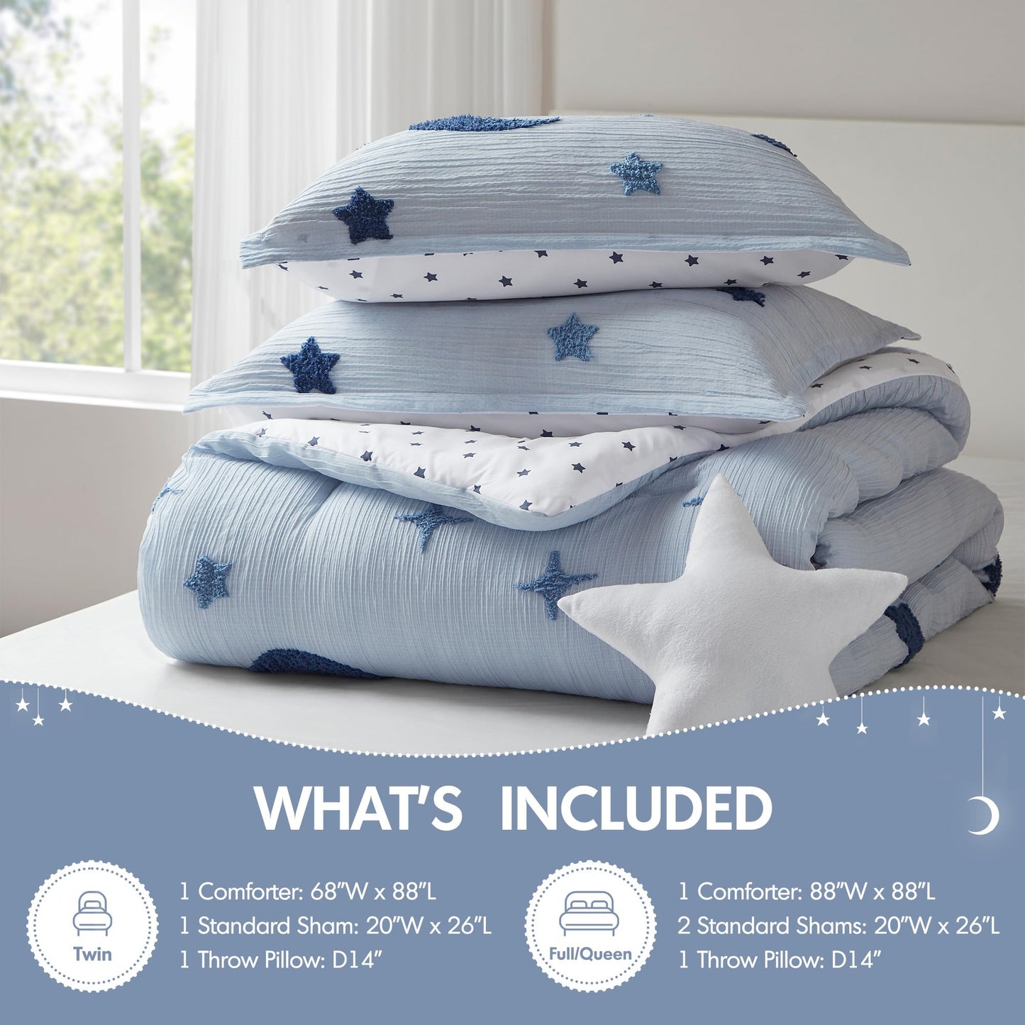 Intelligent Design Kids Cosmos Twin Size Comforter Set – Blue Star and Moon Tufted Chenille, Reversible 3-Piece Bedding with Star Pillow