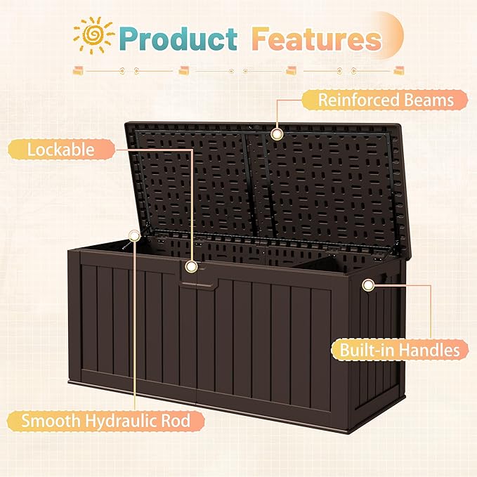 Patiowell 240 Gallon Large Outdoor Storage Box, Waterproof Deck Box with Fixed Divider, Lockable and Durable Patio Storage Solution for Patio Furniture and Garden Tools (Brown)