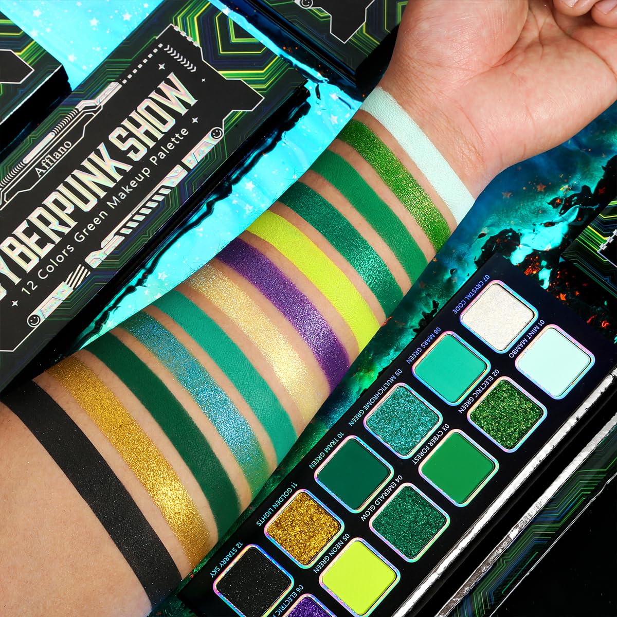Green Eyeshadow Makeup Palette, 12 Color Green Holographic Glitter Eyeshadow with Matte Shimmer Finish for Hazel Eyes, High Pigment Silky Long Last Neon Yellow Blue Eye Shadow for Daily,Party,Cos,Goth