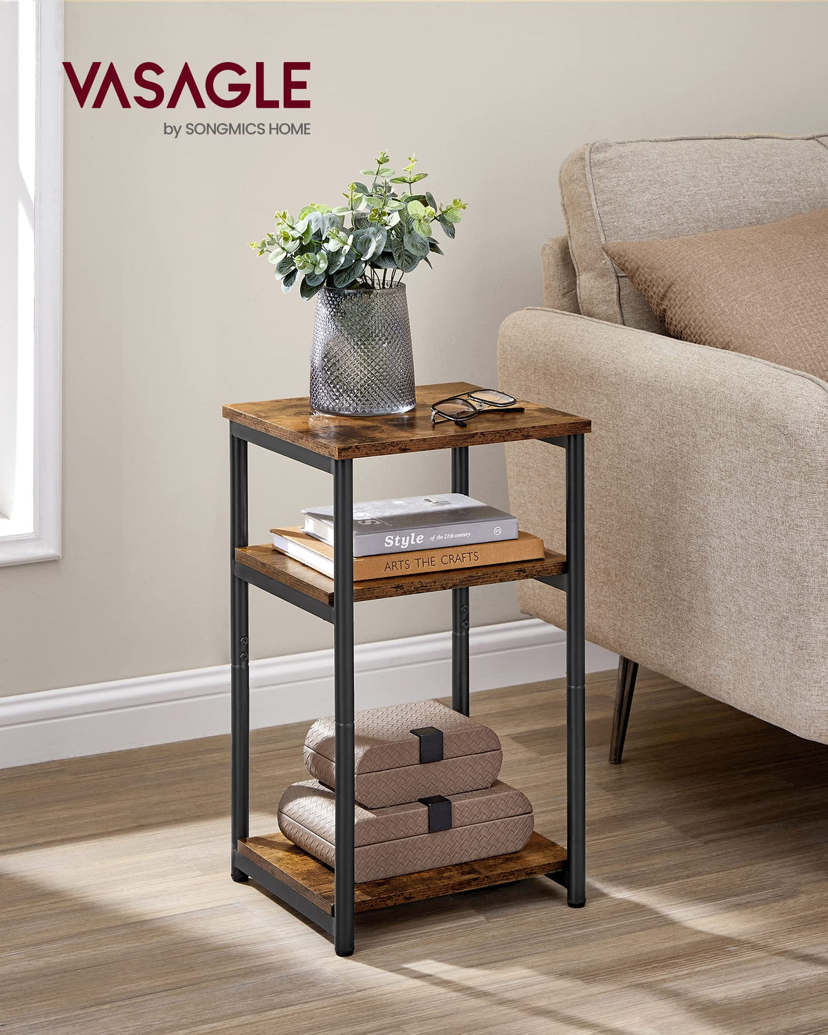 VASAGLE BARNET Collection - Side Table, Small End Table for Living Room, Modern Tall Nightstand, Bedroom, Office, Bathroom, Steel Frame, Rustic Brown and Ink Black ULET273B01