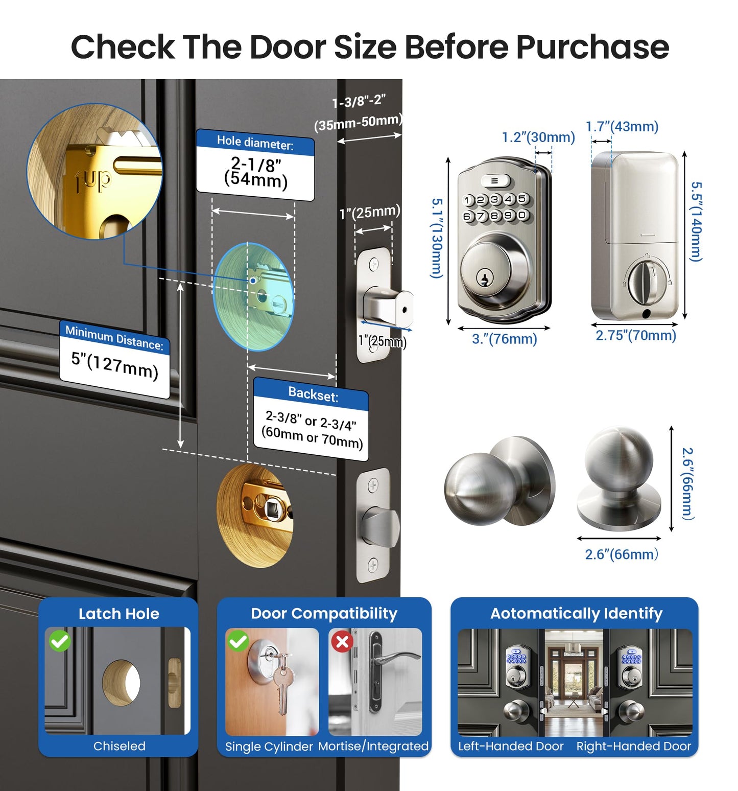 Veise Keyless Entry Door Lock with 2 Knobs, Electronic Backlit Keypad Deadbolt with Handle Set, Auto Lock, One-time Codes, Smart Deadbolt for Front Door, Easy Installation, Matte Black