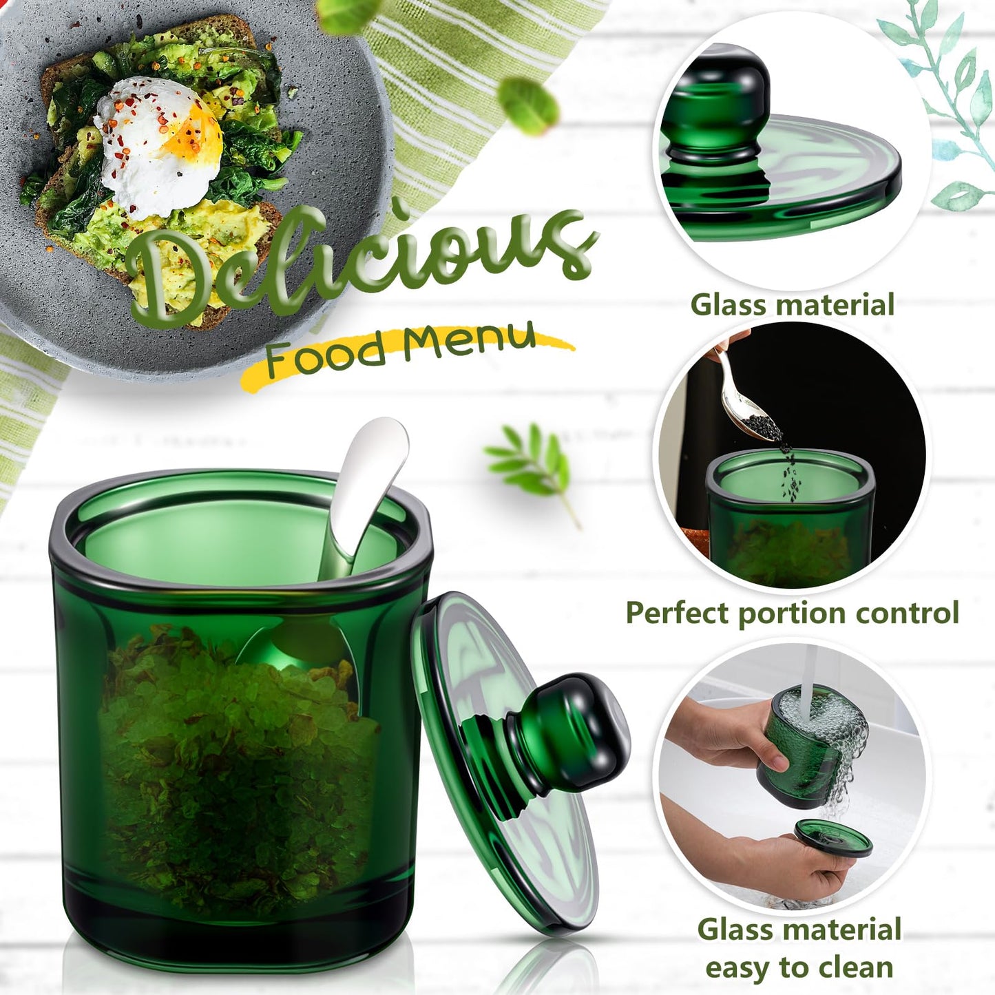 Reallnaive 2 Pack Glass Salt Cellar with Lid and Spoon, 8.7oz Storage Container, Heavy Duty Seasoning Jar for Sea Salt, Kosher, Sugar, Spice, Pepper, Dishwasher Safe for Kitchen Countertop