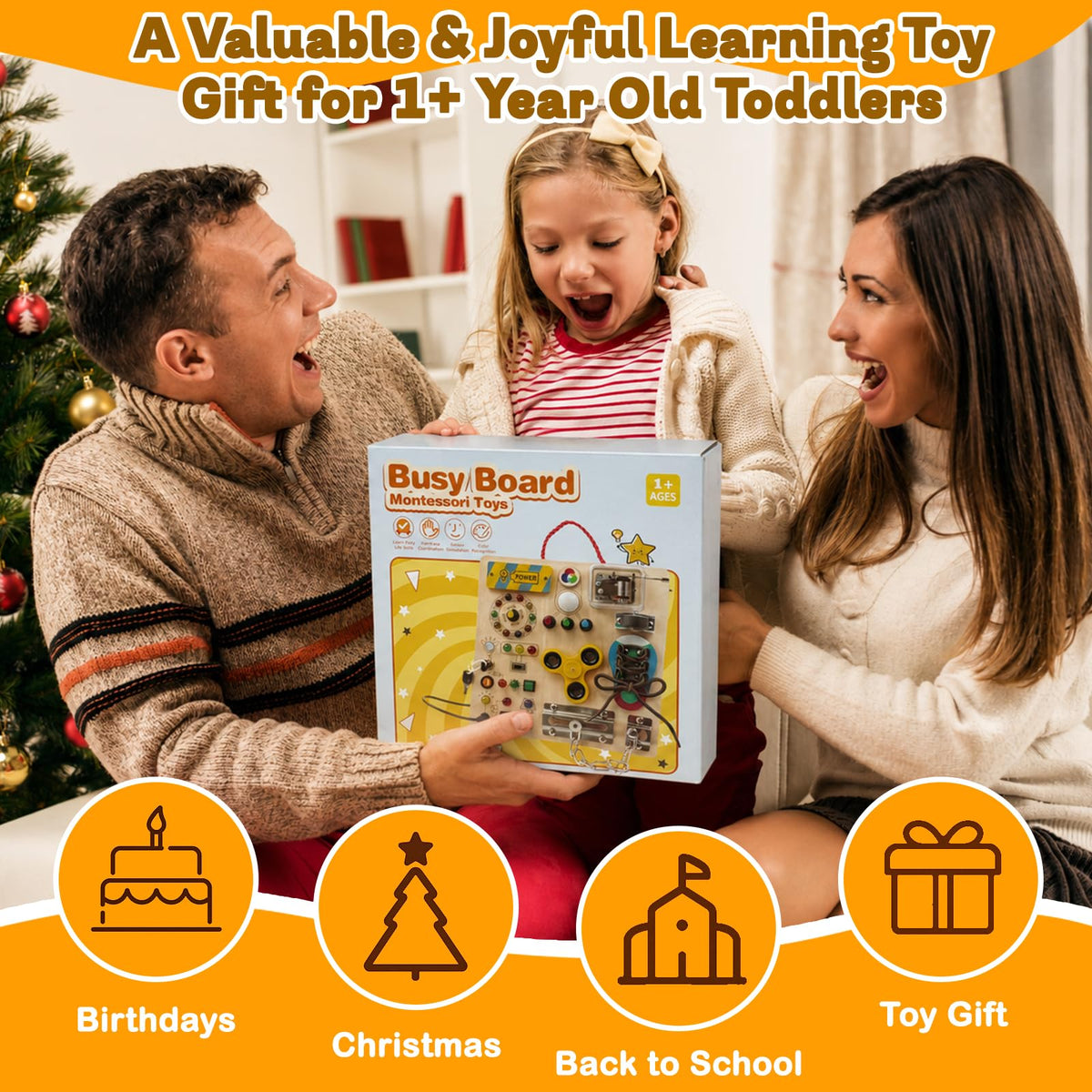 Busy Board with LED Light Switches, Montessori Toys for Toddlers 1-3, Wooden Sensory Activity Board, Travel Learning Toy for Boys & Girls, Educational Fidget Busy Board Gift for 1 2 3 Year Old Kids