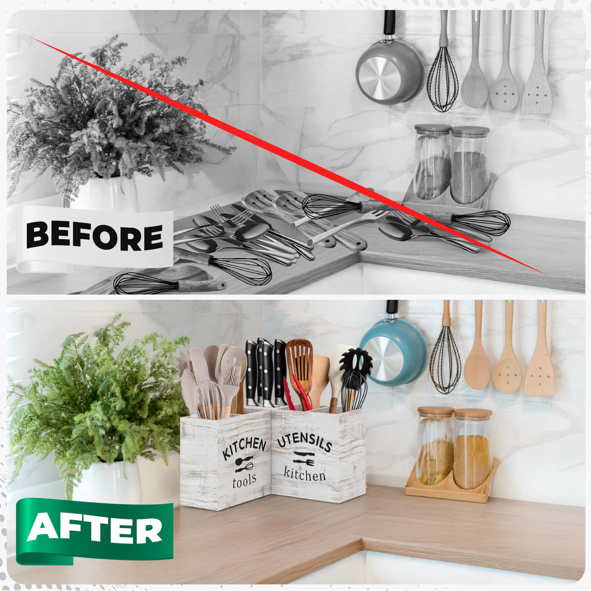 [Upgraded] Extra Large Kitchen Utensil Holder for Countertop with Knife Block, Triangle-Shaped, 5 Compartments, Removable Divider, Wooden Utensil Organizer for Countertop, Farmhouse Kitchen Decor