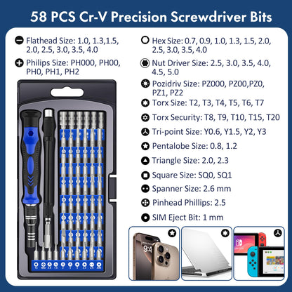 XOOL 62-in-1 Precision Screwdriver Kit, 58 Magnetic Bits, Flexible Shaft & Extension Rod, Electronics Repair Tool for Phone, Laptop, PC, Tablet, Game Console