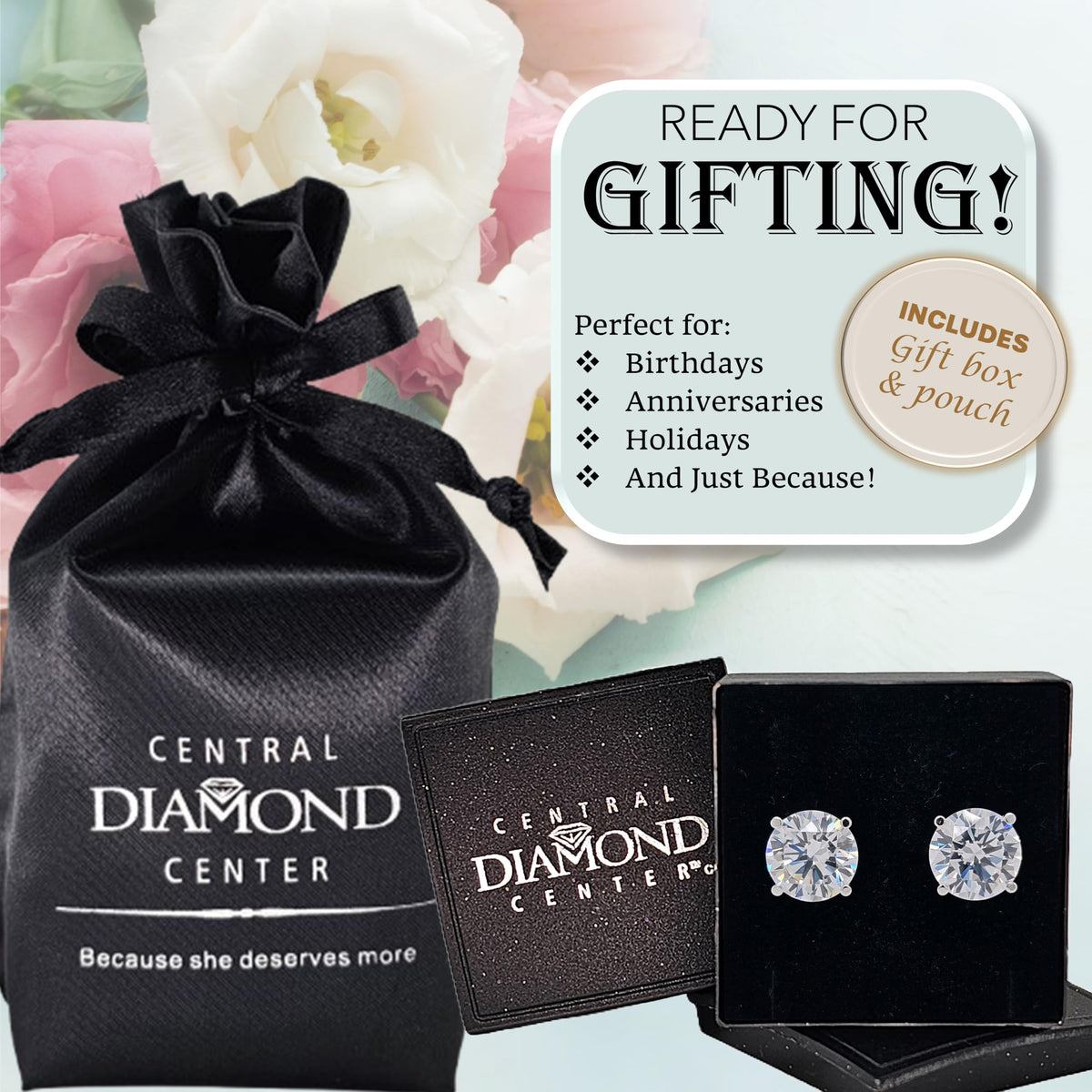 Central Diamond Center 14K Solid Gold Post & Sterling Silver 4 Prong CZ Stud Earrings - Platinum Plated - 10.0mm - 8.00cttw
