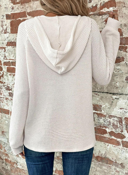 Dokotoo Hoodies for Women Oversized Waffle Knit Teacher Outfits for Women Drawstring Button V Neck Long Sleeve Casual Lightweight Sweatshirt Hooded Early Fall Fashion Clothes 2025 White Medium