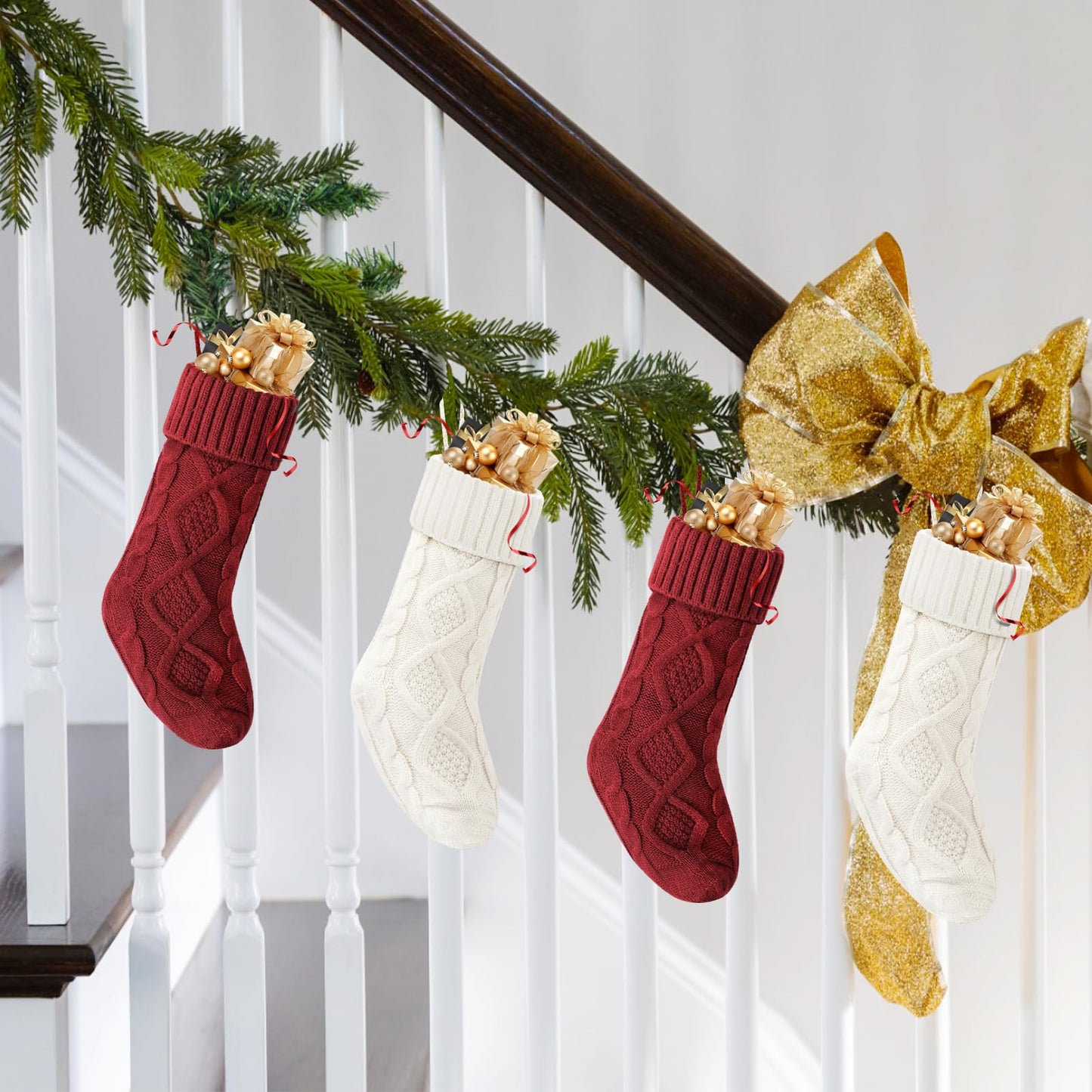 VIBILIA Christmas Stockings 4 Pack, 18 Inches Large Size Knitted Xmas Stocking for Fireplace, Holiday Party Decorations (White Red)