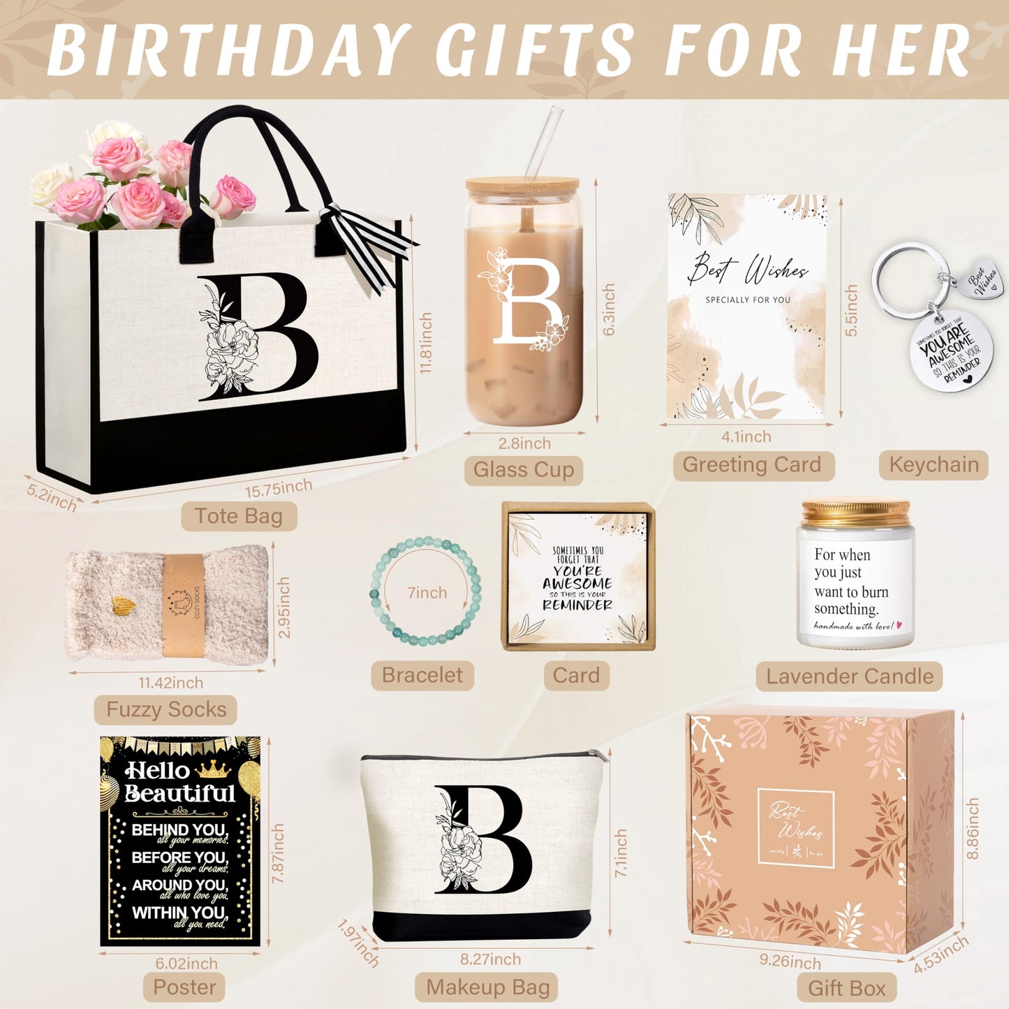 Lepiche Birthday Gifts for Women, Monogrammed Initial Gift for Teacher Wife Mom, Tote Bag,Glass Cup Gift Basket Personalized Christmas Mother's Teacher Appreciation Day,B