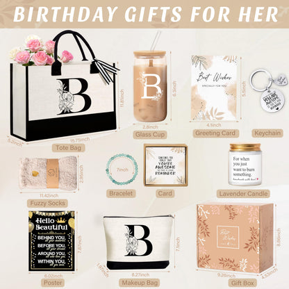 Lepiche Birthday Gifts for Women, Monogrammed Initial Gift for Teacher Wife Mom, Tote Bag,Glass Cup Gift Basket Personalized Christmas Mother's Teacher Appreciation Day,B