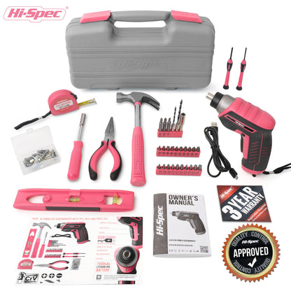 Hi-Spec 35pc Pink Womans Tool Kit Set with 3.6V USB Electric Power Cordless Screwdriver Compact for Home. Starter Basic Ladies Tools for Household DIY Repairs in a Small Toolbox
