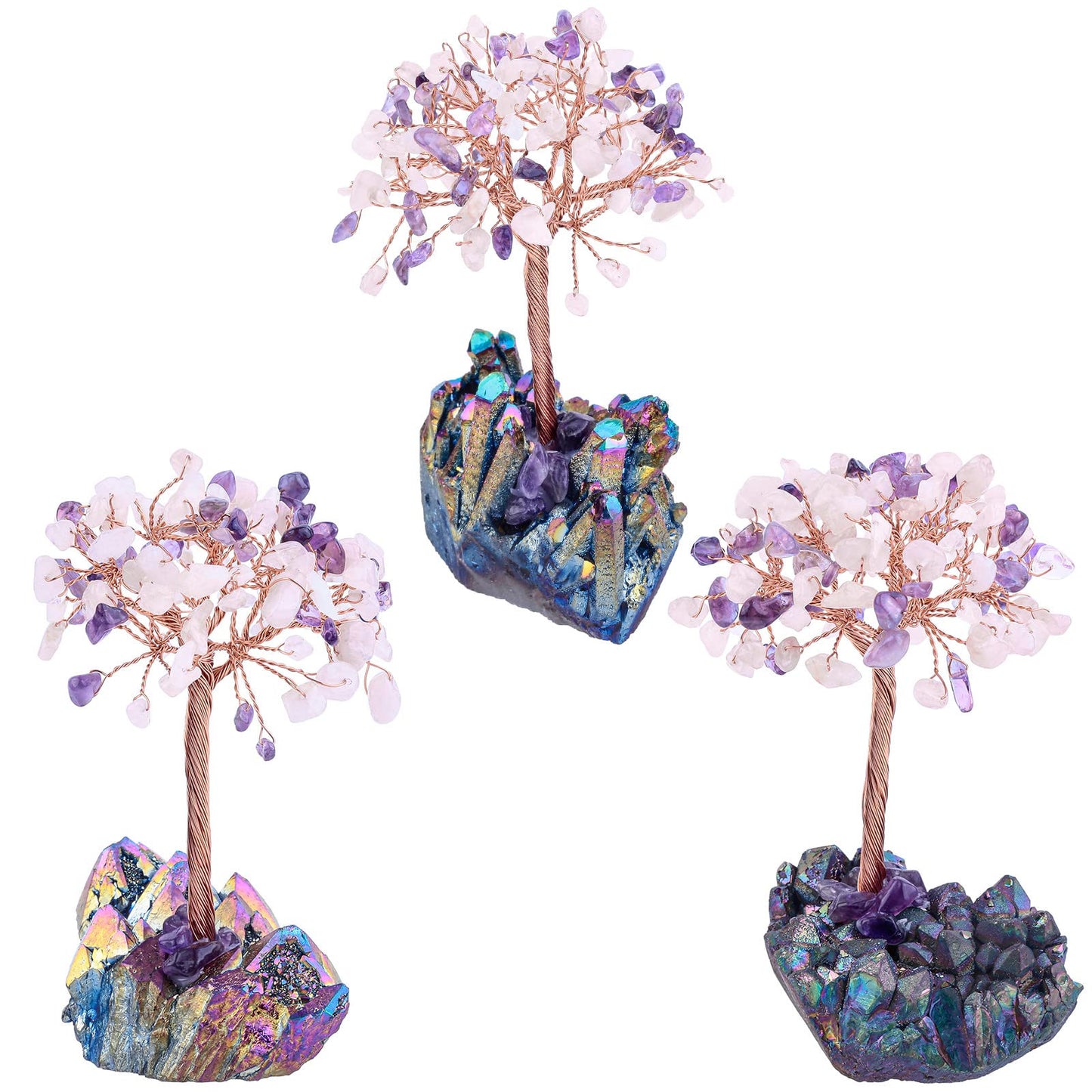 Rockcloud Crystal Money Tree Feng Shui Bonsai with Titanium Coated Crystal Quartz Base Decoration for Wealth and Luck, Amethyst & Rose Quartz