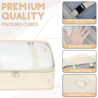 10 Set Packing Cubes for Travel, Luggage Organizer Bags with Hanging Toiletry Bag and Shoe Bag, Travel Packing Cubes for Carry on Suitcase Luggage Accessories Vacation Essentials (Beige)