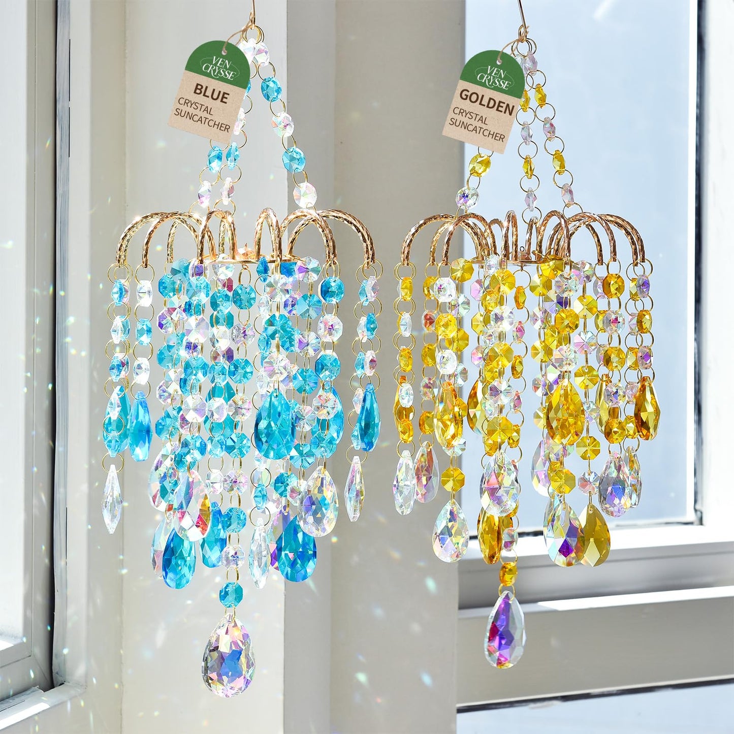 Hanging Window Garden Crystal Sun Catcher, Luxury Elegant Gold-Plated Decor, Party Crystal Ornament (Aurora)