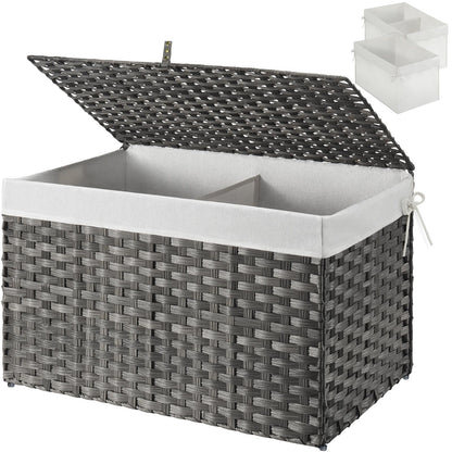 GREENSTELL Storage Basket with Lid, 17.2 Gallon(65L) Small Wicker Blanket Storage Basket with Handles, Foldable, 2 Removable Liner Bags, Metal Frame, for Bedroom, Laundry Room, Grey, 22.2"*13.4"*13.4"