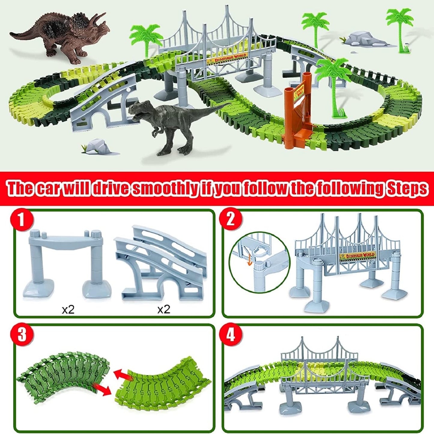 Dinosaur Toys for 3-7+ Year Old Boys Girls, Flexible Tracks Race Car Set, World Road Race Birthday Gift for Kids Aged 3-5