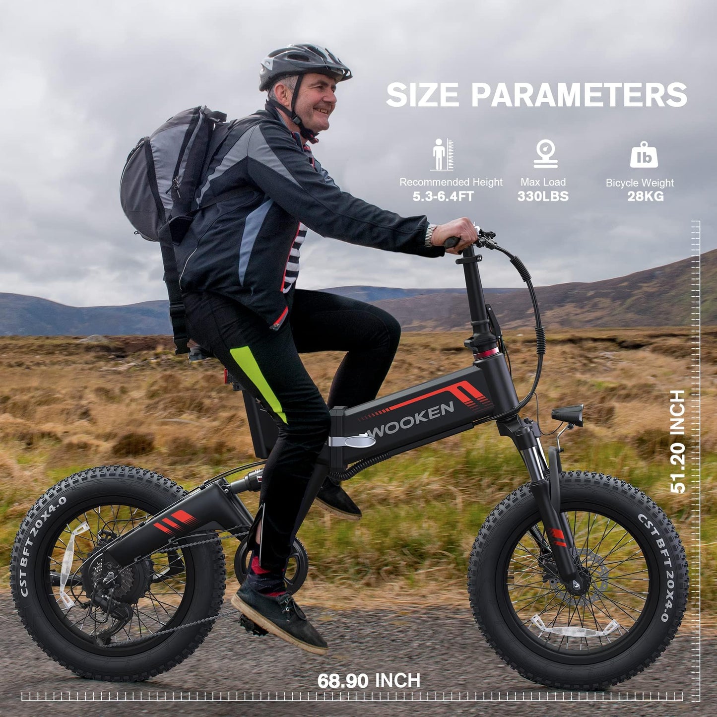 Wooken Electric Bike for Adults, 20''x4.0 Fat Tire Ebike for Adults, Peak 750W Motor Folding Electric Bicycle with 48V 10Ah Battery, 7 Speed, Full Fuspension, 20MPH Ebike for Mountain Beach Snow