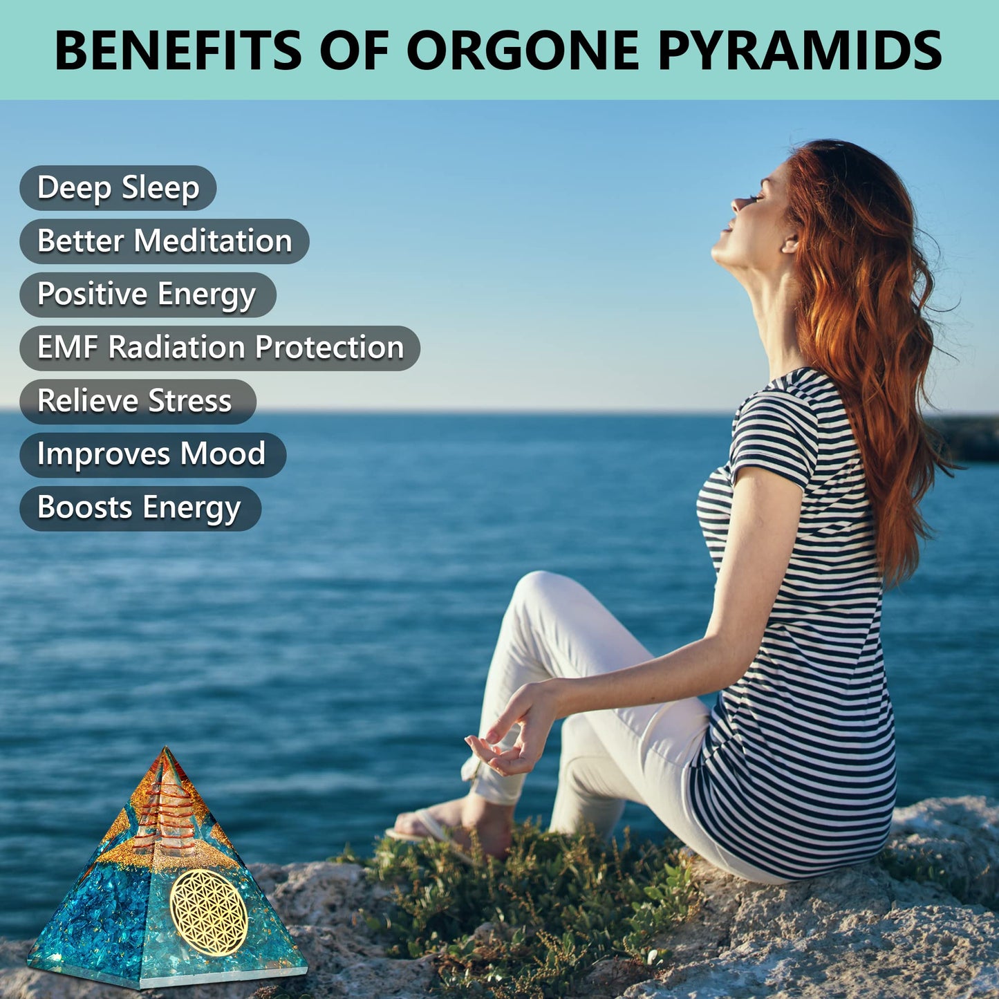 Anaya Agate Aquamarine Orgone Pyramid, Aquamarine Crystal Pyramid w/Positive Energy, Handmade Orgonite Pyramids for Chakra Cleansing, Mindfulness, Crystal and Healing Stones, Christmas Gifts for Women