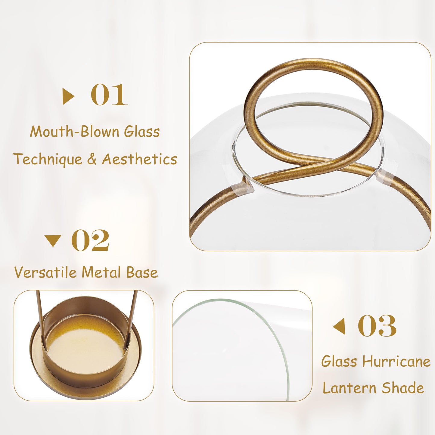 Gdfmsc Hurricane Metal & Glass Candle Holder Set of 2 with Timer Candles, Decorative Candlestick Pillar Holder with Clear Glass for Wedding Party Holiday Dining Table Centerpiece Lanter, Gold