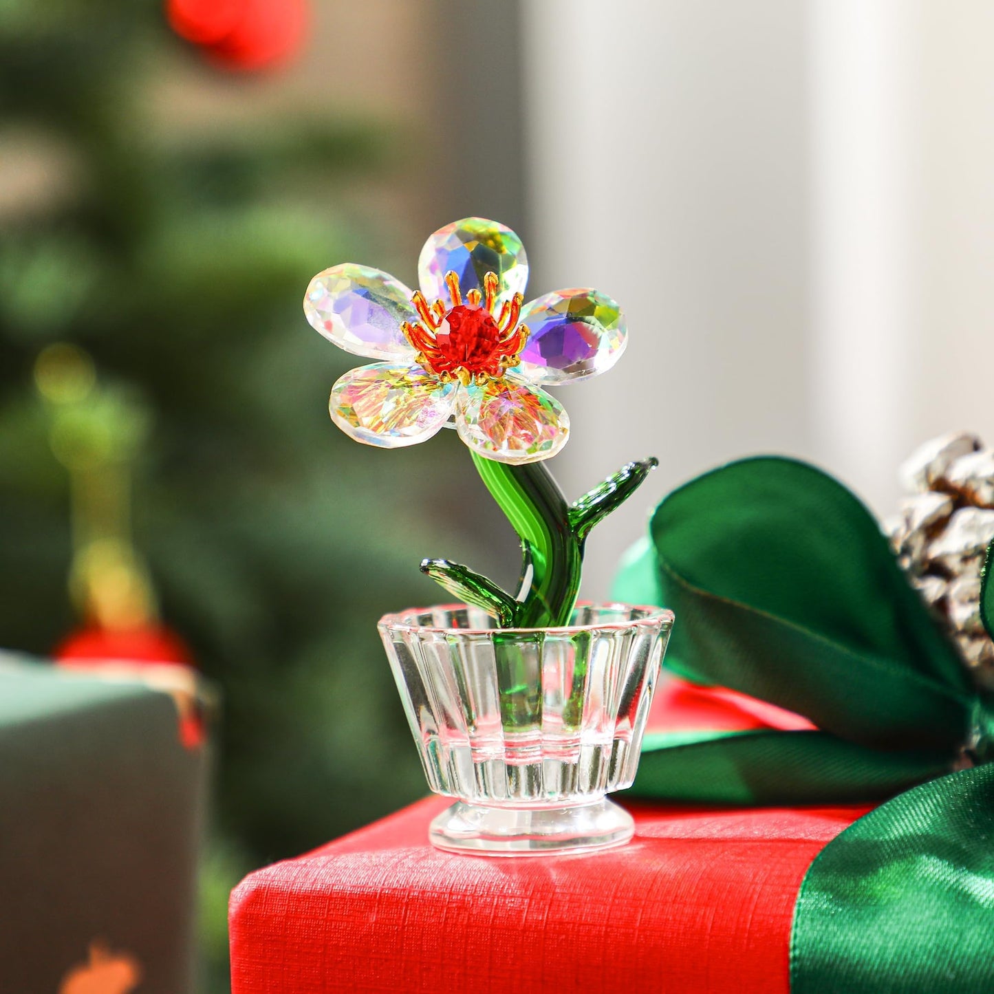 KRISININE Crystal Peach Blossom Mini Ornament Figurine 2.9 * 1.5in Glass Flower Decoration for Home Office for Mom