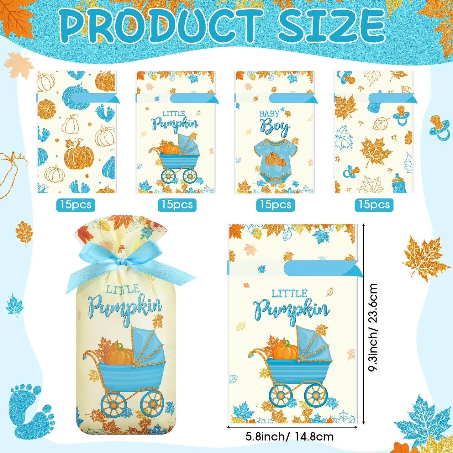 Funrous 60 Pcs Thanksgiving Little Pumpkin Treat Bags Fall Baby Shower Drawstring Candy Goodie Bags Bulk Autumn Maple Leaf Party Favors for Gender Reveal Birthday Supplies(Blue)
