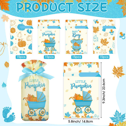 Funrous 60 Pcs Thanksgiving Little Pumpkin Treat Bags Fall Baby Shower Drawstring Candy Goodie Bags Bulk Autumn Maple Leaf Party Favors for Gender Reveal Birthday Supplies(Blue)