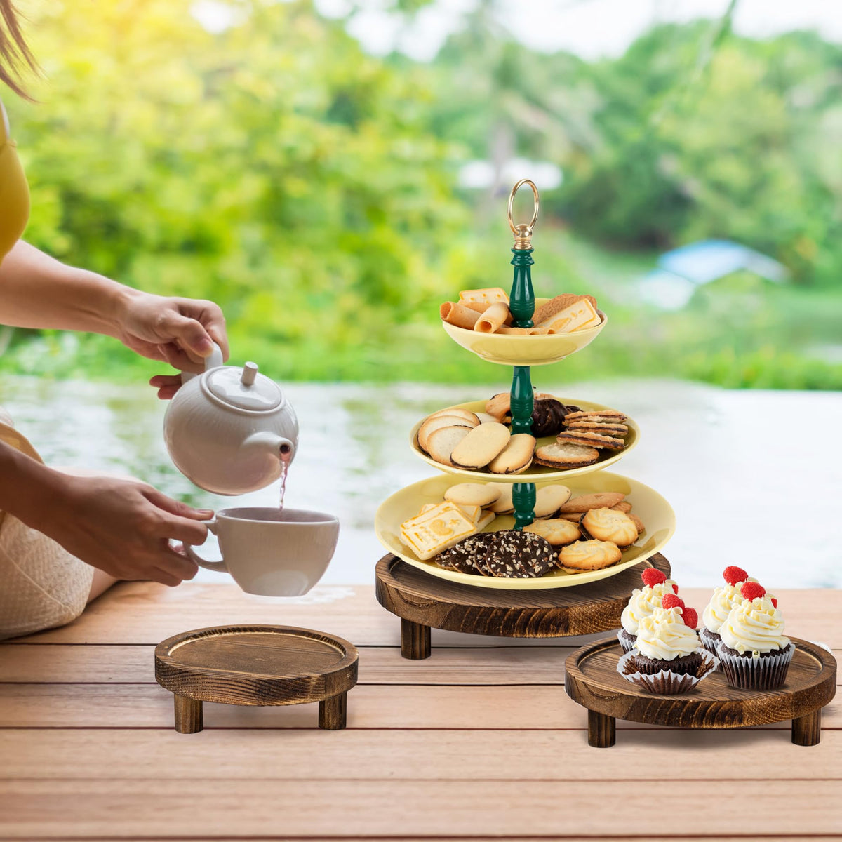 HAOPENGYOU 6PCS Wooden Risers for Display Wood Cake Stand for Party Round Food Risers for Buffet Wooden Holder Rustic Riser for Decor Tiered Tray Decor Home Kitchen (Rustic, 6 PCS (8”, 6”, 5”))