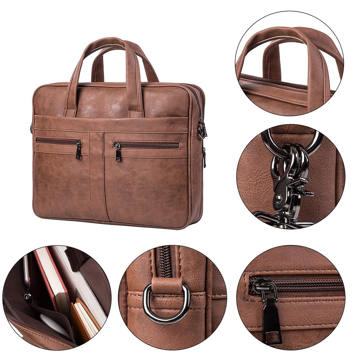 seyfocnia Men's Business Travel Briefcase Leather Messenger Bags Laptop Bag 17.3 inch Work Computer Bag Satchel Bag (Brown)