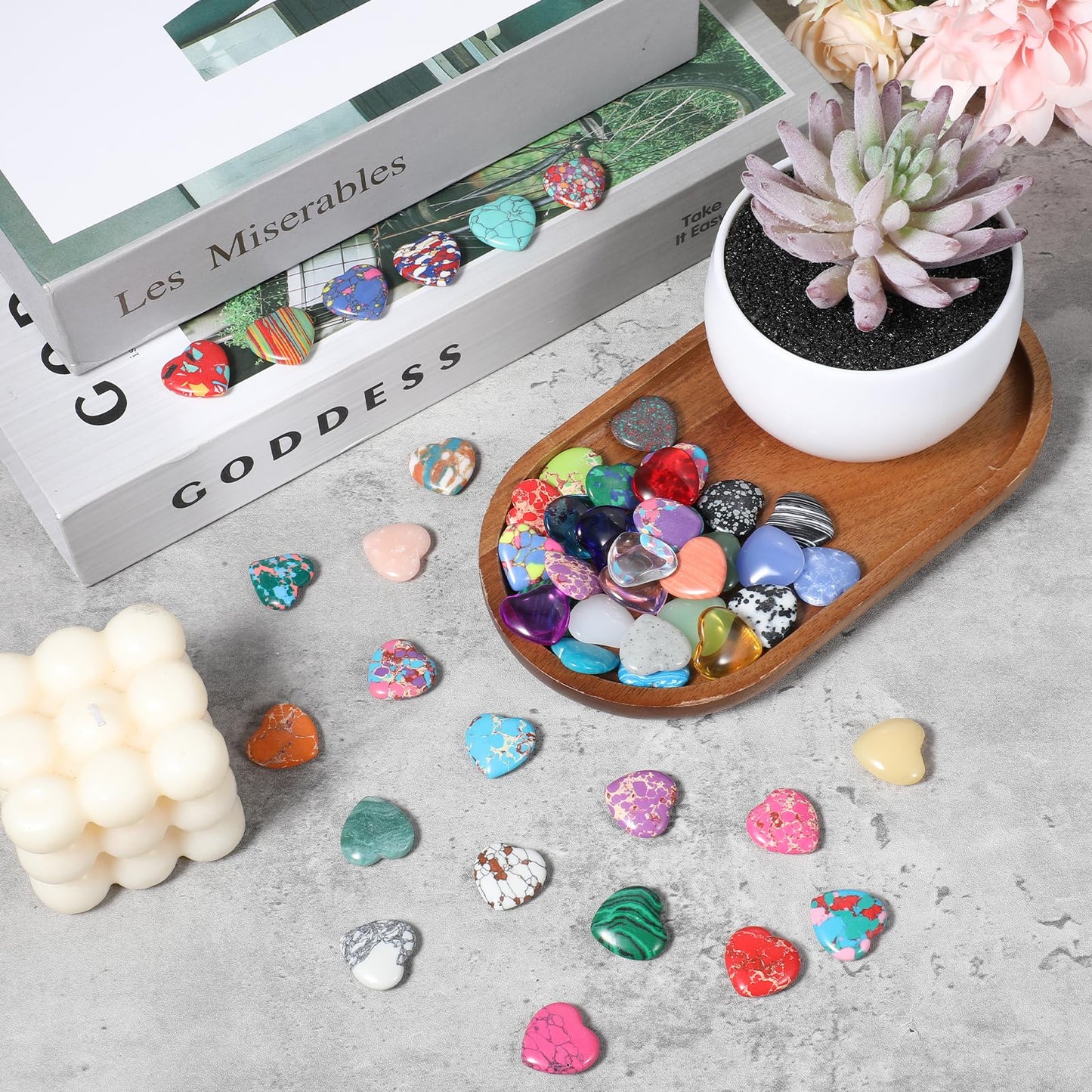 100 Pcs Heart Stones Worry Stones Heart Shape Anxiety Crystal Bulk 0.8 Inch Gemstones Assorted Natural Cute Hearts Crystals Set for Anxiety Decoration Gifts