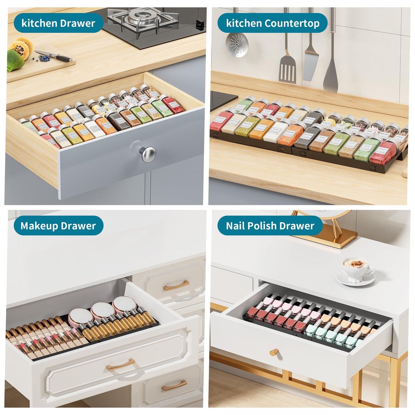 BOIVSHI Spice Drawer Organizer, 4 Tier Metal Spice Organizer for Drawer Insert, Spice Organization for Drawer, Kitchen, Countertop, Pantry (Jars Not Included)