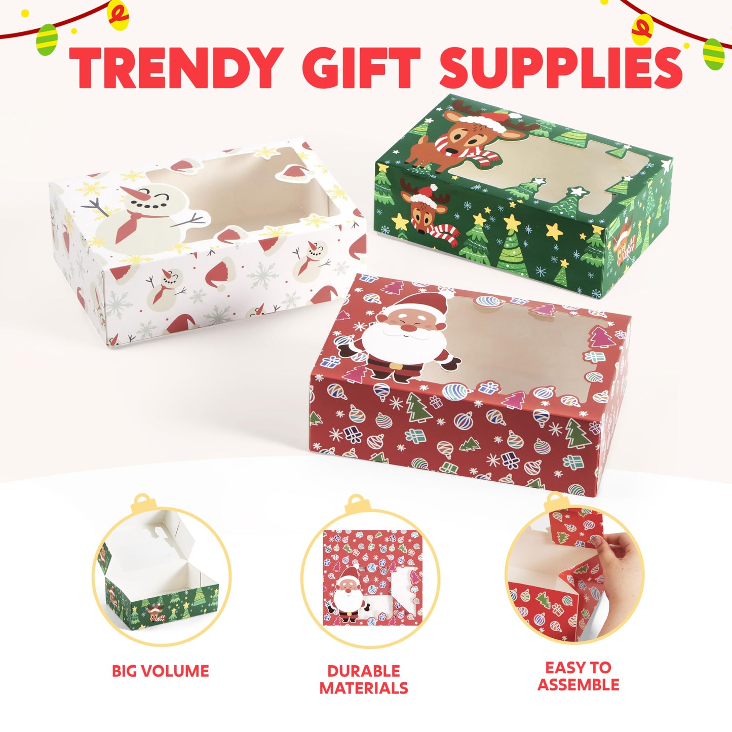 JOYIN 24 PCS Christmas Foil Treats Cookie Gift Boxes (8.75" x 5.75" x 2.75") Colorful Pattern Bakery Box with Window for Xmas Holiday Birthday Party Pastries, Cupcakes, Brownies, Donuts Gift-Giving