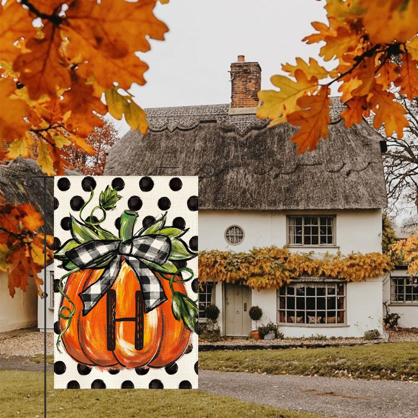 AVOIN colorlife Fall Monogram Letter H Garden Flag Polka Dot Pumpkin 12x18 Inch Double Sided Outside, Small Burlap Family Last Name Initial Yard Decoration