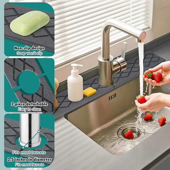 23.6 Inch Stone Faucet Mat for Kitchen Sink, Diatomite Absorbent Fast Drying
