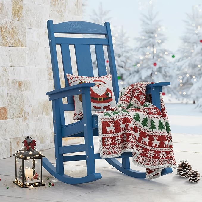LUE BONA Rocking Chair Outdoor, Weather Resistant Poly Plastic Rocker Chairs, 350lb Heavy Duty, Oversized Porch for Adult, High Back Smooth Chairs Outdoor & Indoor, Blue