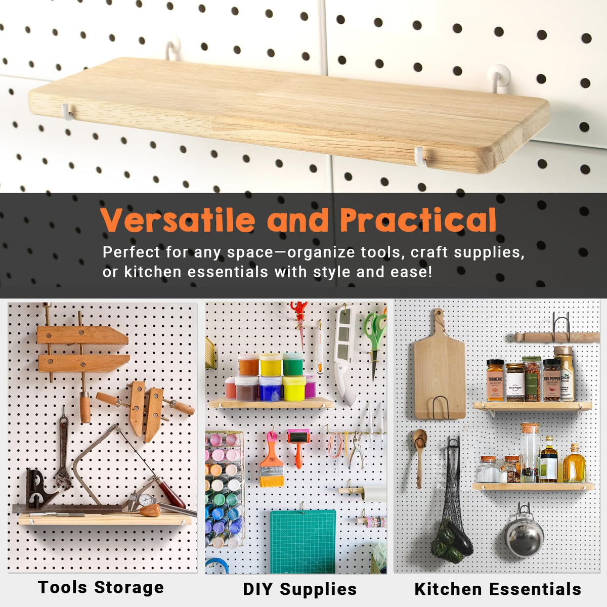 SEMPOMA 2 Pack Solid Wood Pegboard Shelf, High Balance and No tilt, 12" x 4" Pegboard Shelves Fit 1/4" Pegboard for Display Craft Garage Workbench Office