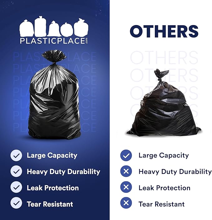 Plasticplace - T55151BK 55-60 gallon Trash Bags │ 1.5 Mil │ Black Heavy Duty