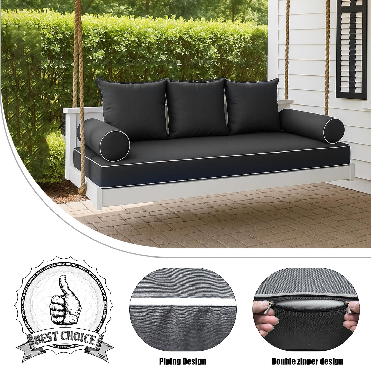 NSFBZA Outdoor Twin Size Mattress Cover for Patio Swing Bed,Porch Daybed Cushion Covers with Zipper,Twin Piped Trim Daybed Mattress Bolster Pillow Fitted Sheet Cover (Dark Gray, 75 * 39 * 6in)