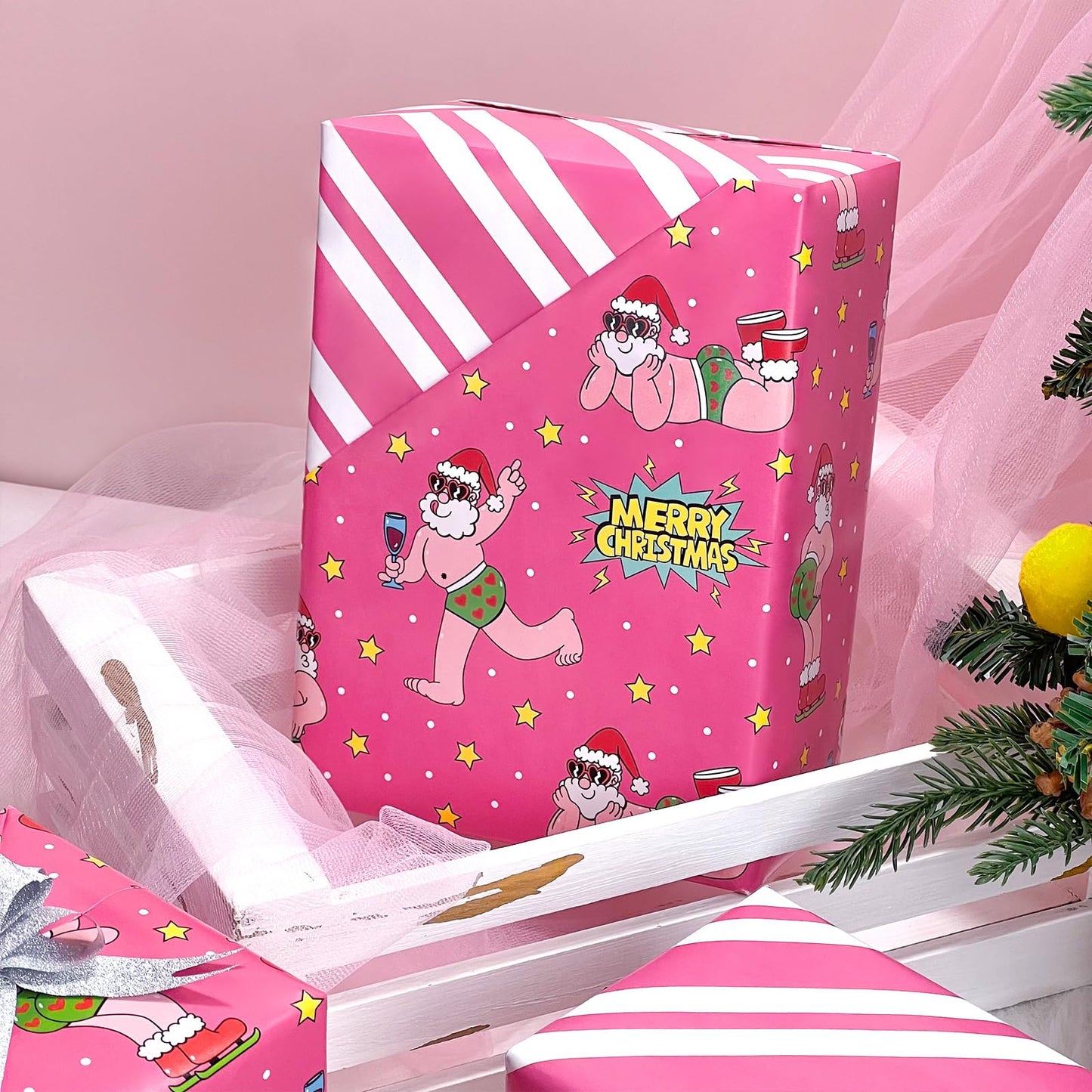 EWES Funny Christmas Wrapping Paper Pink Set Rolls Santa Claus For Kids Cute Reversible Cartoon Thick Gift Wrap Sheets Unique Heavy Duty Fun Total 28.5sq.ft