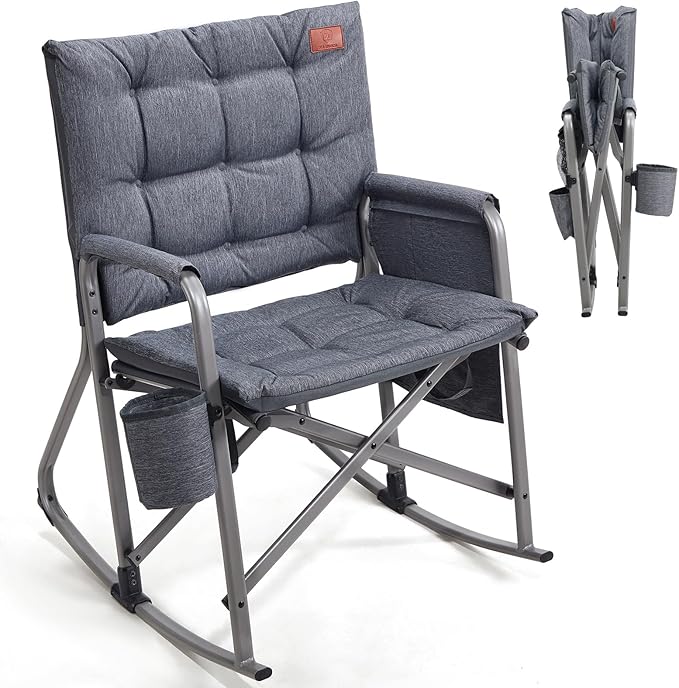 EVER ADVANCED Lightweight Folding Rocking Camping Chair, Padded Portable Rocker Chair for Patio, Lawn and Outdoors, Heavy Duty Hard Armchair for Adults, Grey