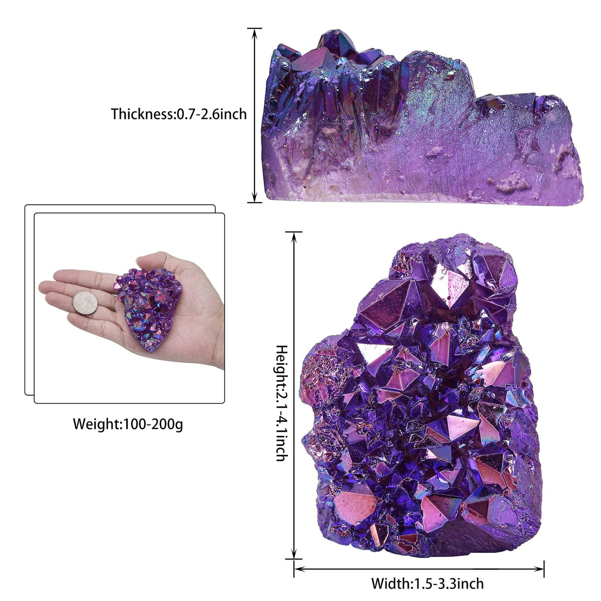 Sportmusies Titanium Coated Rock Crystal Cluster Specimen Home Office Decoration, Irregular-Shaped Quartz Cluster Stone for Reiki Healing Meditation, Purple