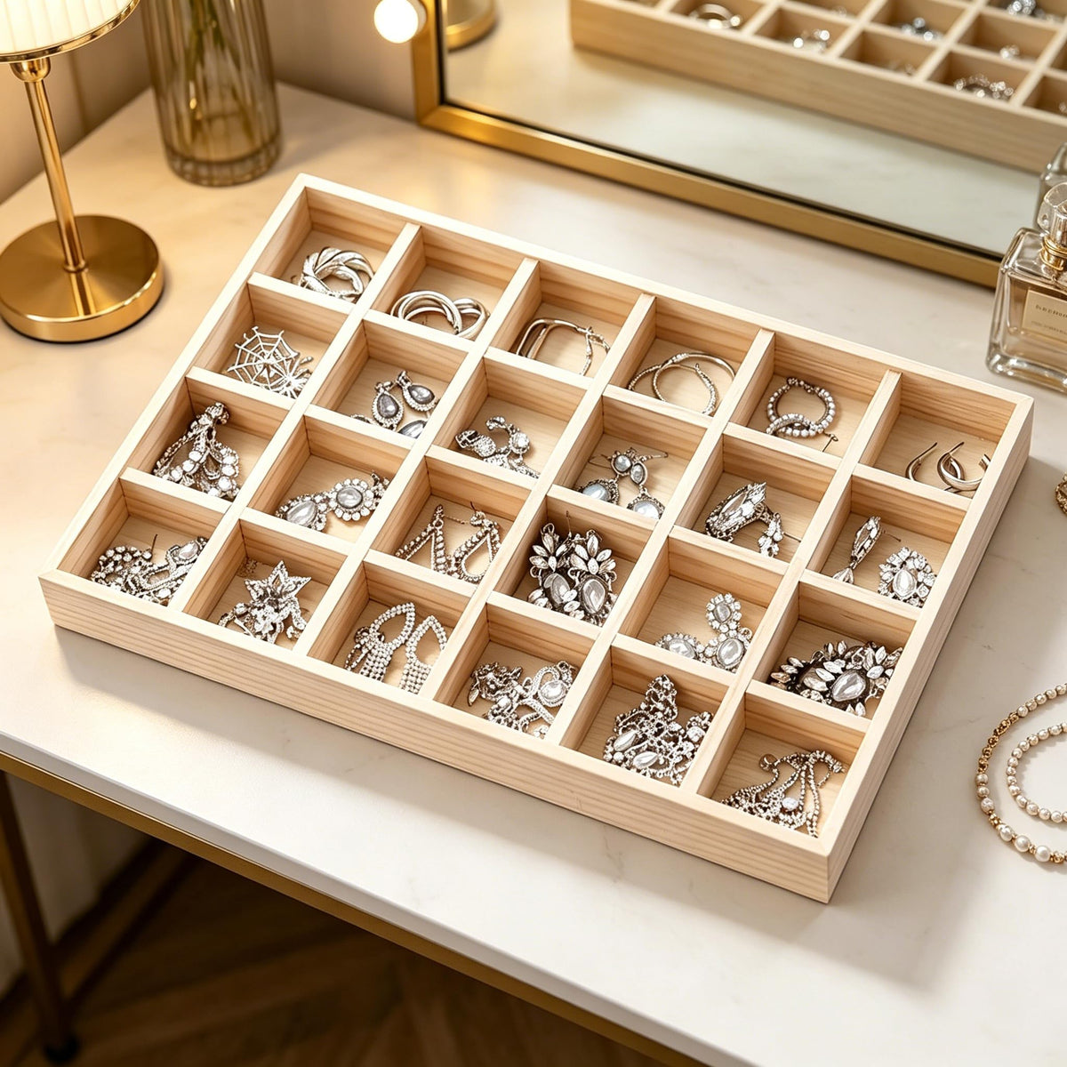 JUANERJIE Stackable 24 Compartments Wood Display Tray, Wooden Grid Sorting Organizer Tray, Versatile Showcase Storage for Jewelry, Accessories, Ties and Daily Small Items
