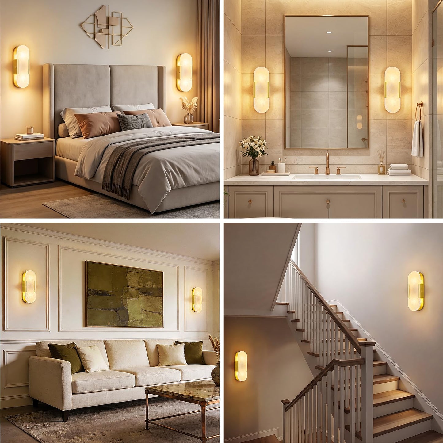 PNJXSRJH Natural Alabaster Wall Sconces, Modern Marble Gold Wall Sconce 14 inch Indoor Wall Lighting for Bedroom Bathroom Living Room Stairs (1-Pack)