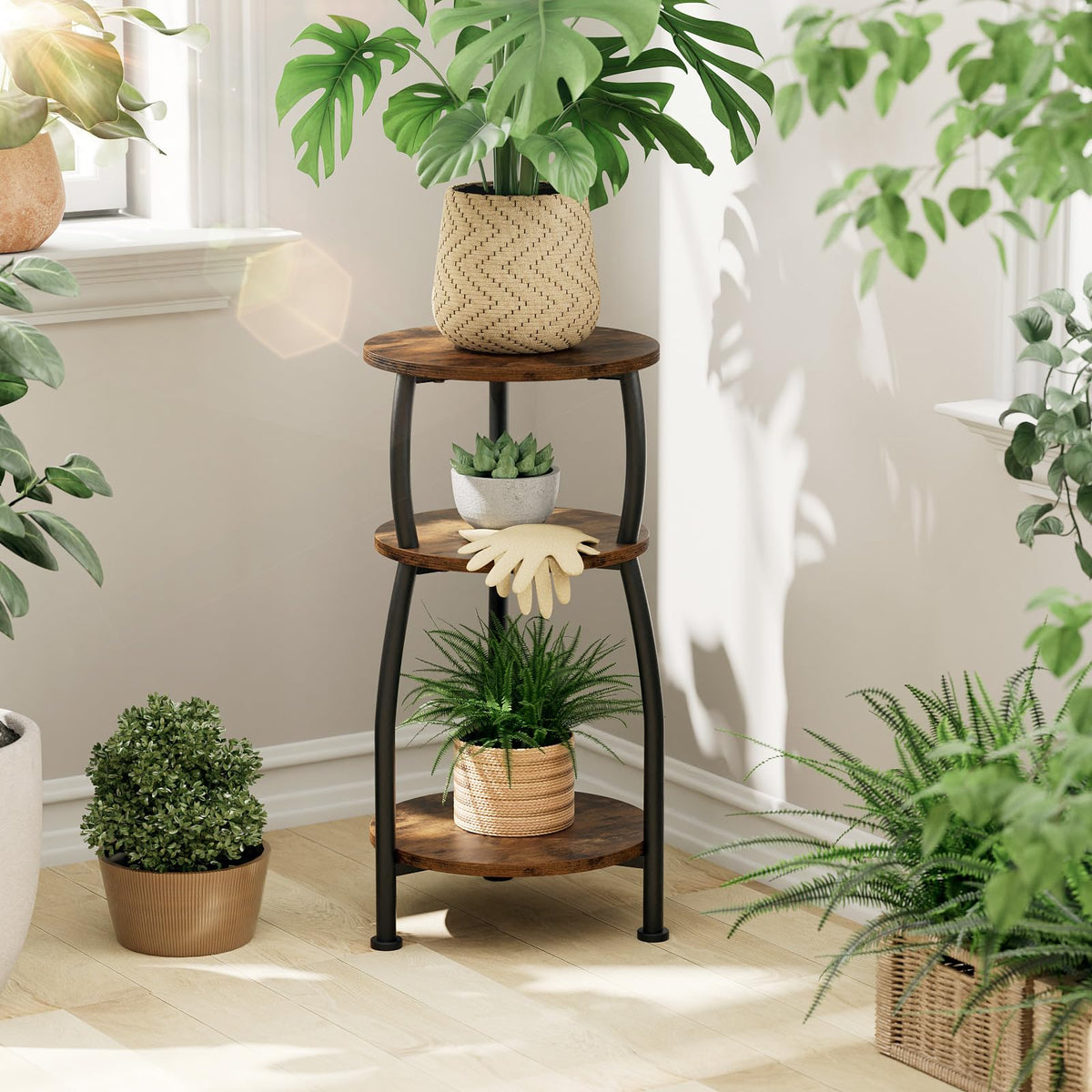 Yuede Small Round Side Table for Small Spaces, 3-Tier End Table with Storage Shelf, Slim Night Stand Sofa Corner Table for Living Room Bedroom, Patio and Corner, Rustic Brown