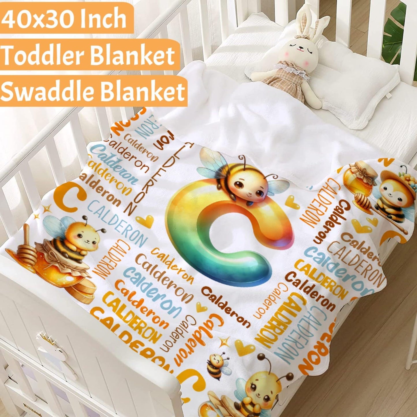 Personalized Bee Blanket, Custom Bee Gifts,Soft Flannel Throw for Bed Sofa,Lightweight,40 x 30in