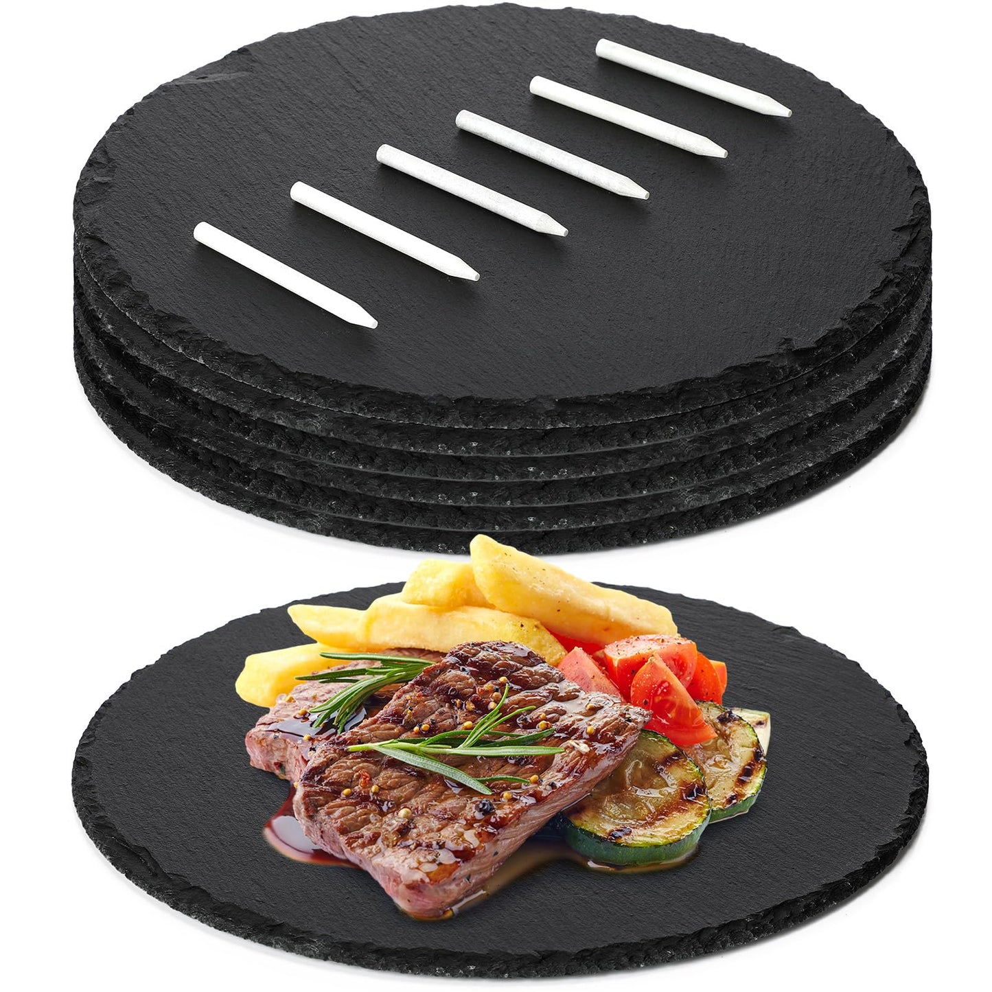 Uiifan 6 Pcs 11 Inch Round Slate Cheese Boards Round Black Stone Plates for Wedding Day Charcuterie Board Cheese Platter Serving Stone Tray Soapstone Chalk for Meats Appetizers Dried Fruit Party Gifts