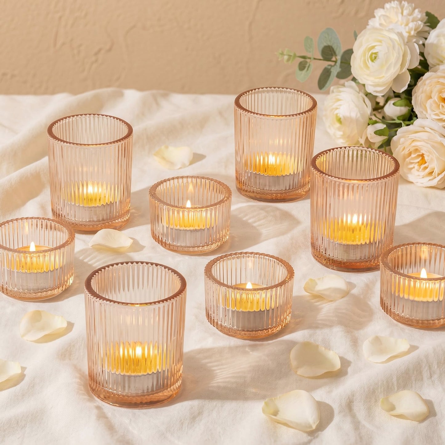 Glasseam Gold Votive Candle Holders: 8 Pcs Ribbed Glass Tealight Candle Holder Set Tea Light Holders Wedding Decorations for Reception Modern Home Decor Centerpiece Gifts