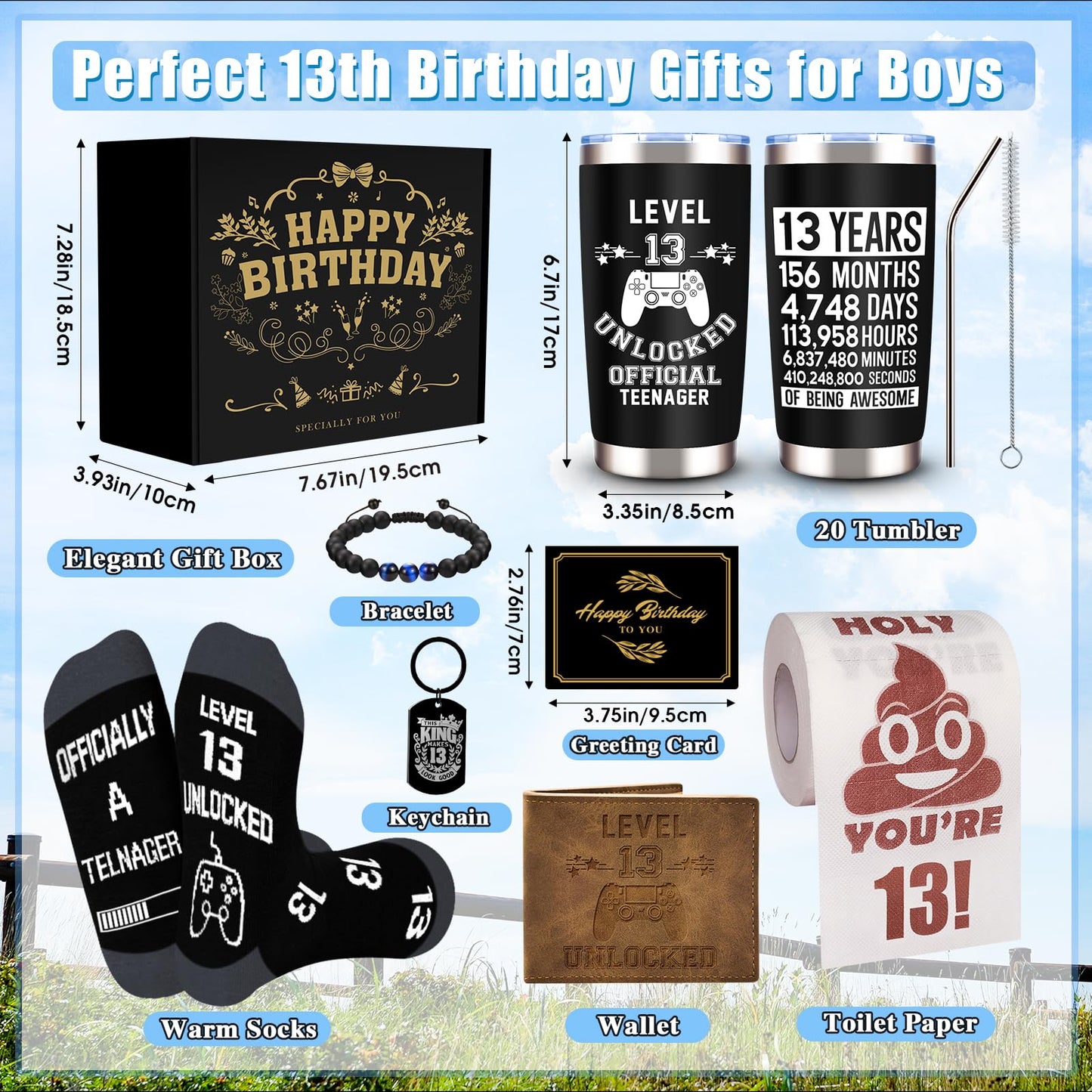 JTAMOHI 8 Pcs Happy 13th Birthday Gifts for Boys, 13 Year Old Boy Birthday Gifts Ideas with 20 Oz Tumbler, Funny Socks, Toilet Paper, Teen Wallet, Bracelet, Keychain for Son, Nephew, Grandson, Brother